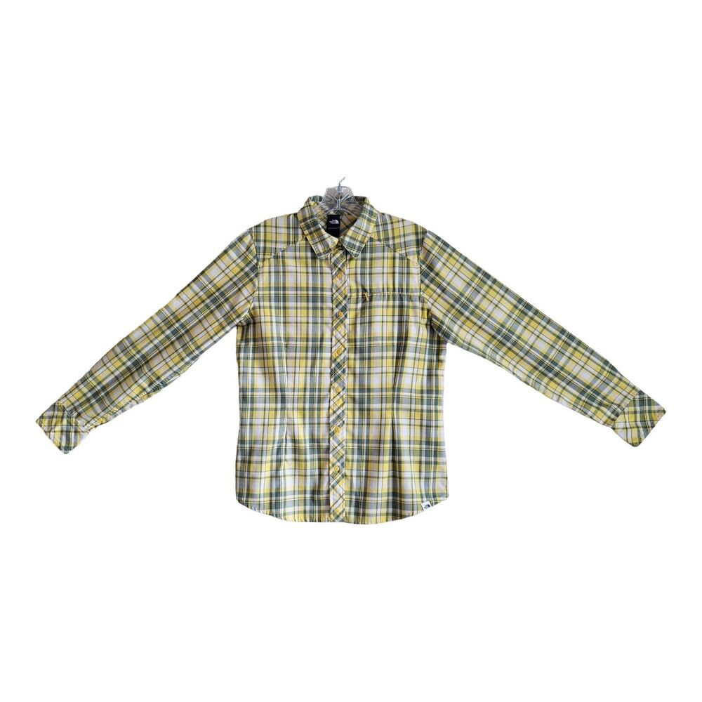 THE NORTH FACE Women's M Shirt Dandelion Yellow Plaid Button Up Zip Pocket 38"
